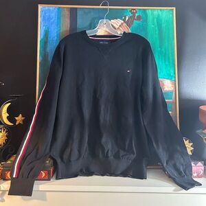 Tommy Hilfiger Men's Black Crewneck Sweater with Red and White Accents Large